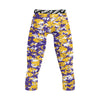 Athletic sports compression tights for youth and adult football, basketball, running, etc printed with yellow, purple, white LSU Tigers colors