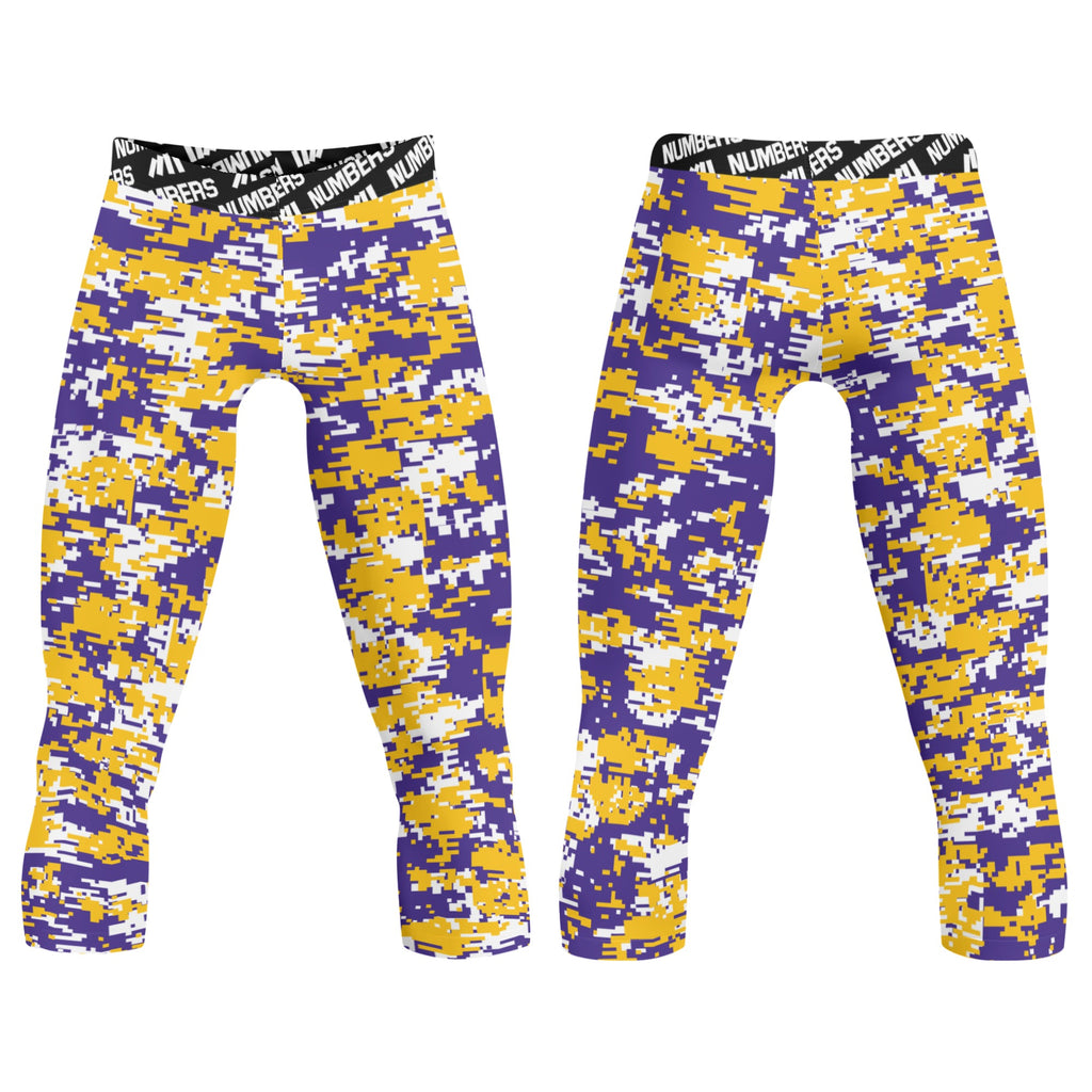 Athletic sports compression tights for youth and adult football, basketball, running, etc printed with yellow, purple, white LSU Tigers colors