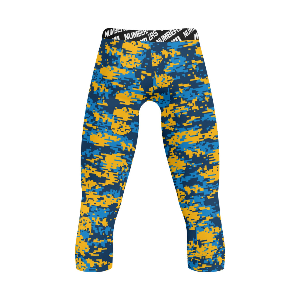 Athletic sports compression tights for youth and adult football, basketball, running, etc printed with blue, powder blue, and yellow LA Chargers colors