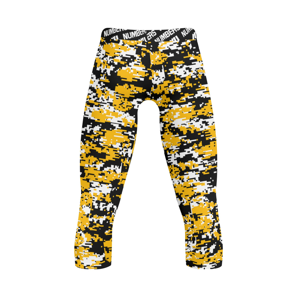 Athletic sports compression tights for youth and adult football, basketball, running, etc printed with black, yellow, white Pittsburgh Penguins colors
