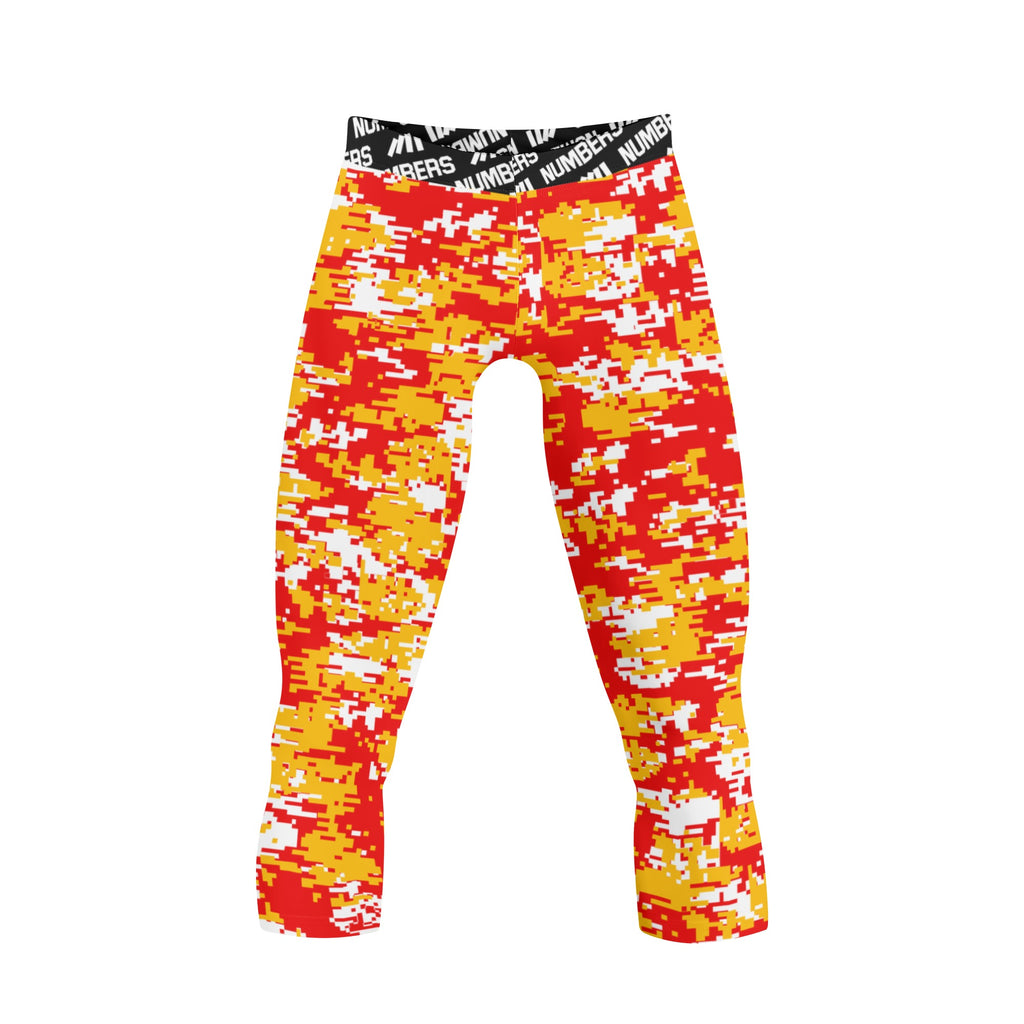Athletic sports compression tights for youth and adult football, basketball, running, etc printed with red, yellow, white Kansas City Chiefs colors