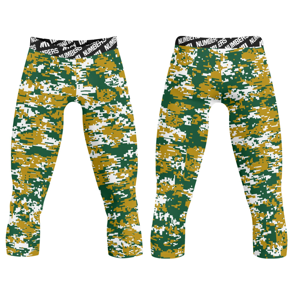Athletic sports compression tights for youth and adult football, basketball, running, etc printed with green, gold, white digicamo colors