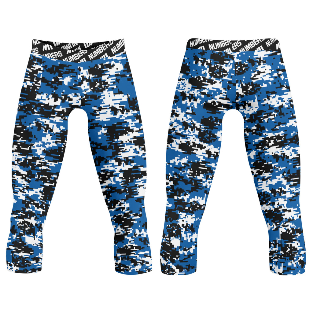 Athletic sports compression tights for youth and adult football, basketball, running, etc printed with blue, black, white Dallas Mavericks colors
