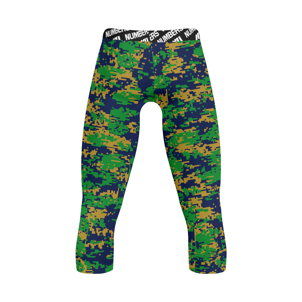 Athletic sports compression tights for youth and adult football, basketball, running, etc printed with navy blue, gold, and green Notre Dame Fighting Irish colors