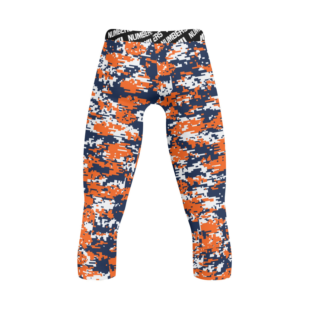 Athletic sports compression tights for youth and adult football, basketball, running, etc printed with navy blue, orange, white Denver Broncos colors