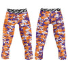 Athletic sports compression tights for youth and adult football, basketball, running, etc printed with orange, purple, white Clemson Tigers colors