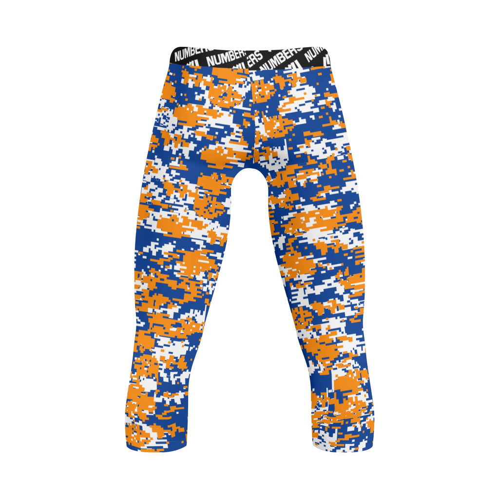 Athletic sports compression tights for youth and adult football, basketball, running, etc printed with orange, blue, white Boise State Broncos colors