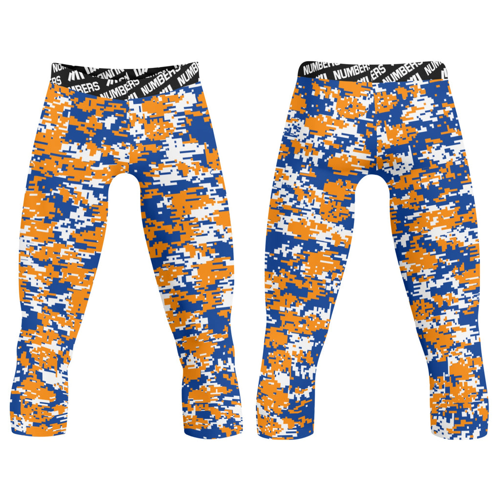 Athletic sports compression tights for youth and adult football, basketball, running, etc printed with orange, blue, white Boise State Broncos colors