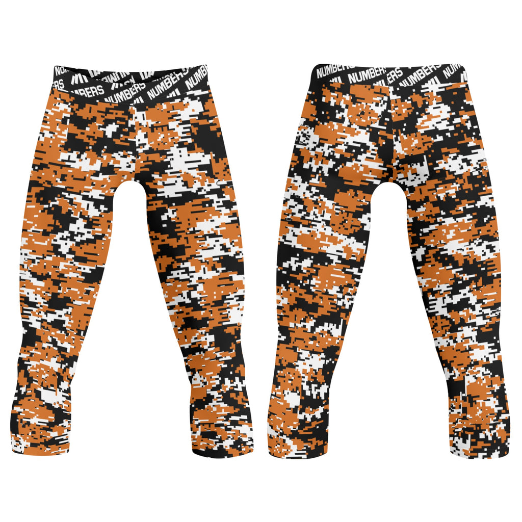 Athletic sports compression tights for youth and adult football, basketball, running, etc printed with burned orange, black, white Texas Longhorns colors