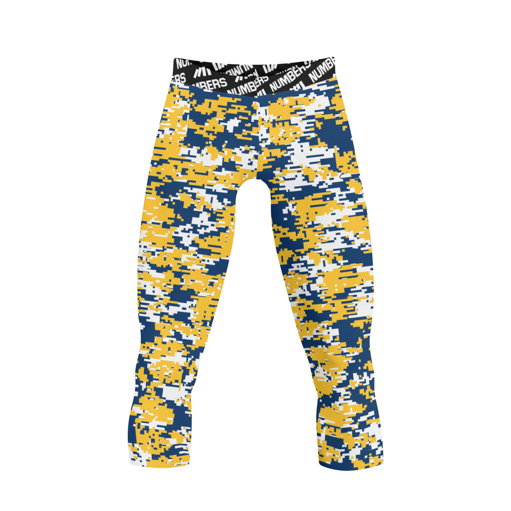 Athletic sports compression tights for youth and adult football, basketball, running, etc printed with navy blue, yellow, white Indiana Pacers colors
