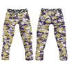 Athletic sports compression tights for youth and adult football, basketball, running, etc printed with purple, gold, white Washington Huskies colors