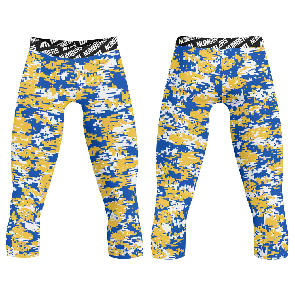 Athletic sports compression tights for youth and adult football, basketball, running, etc printed with royal blue, yellow, white Golden State Warriors colors