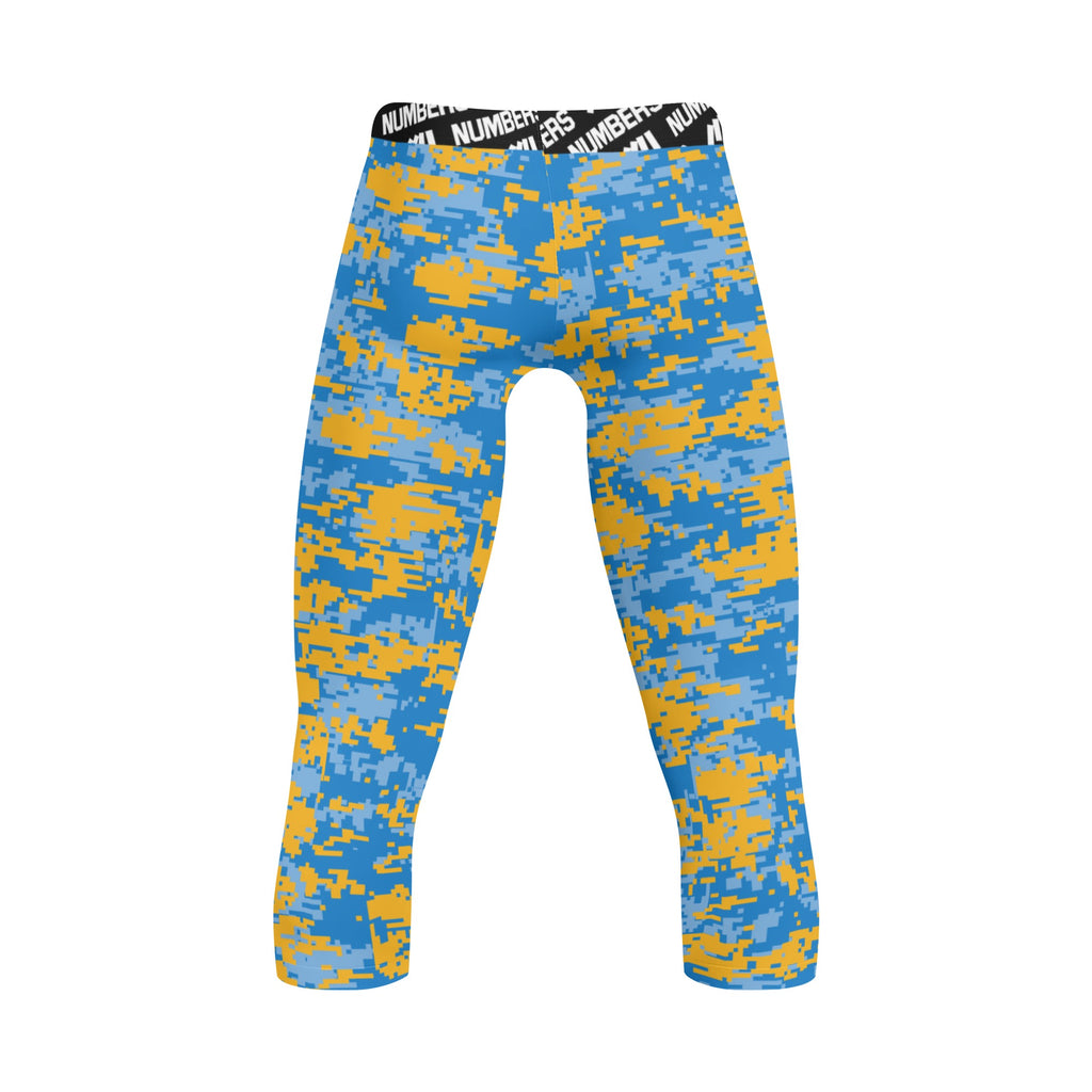 Athletic sports compression tights for youth and adult football, basketball, running, etc printed with powder blue, yellow LA Chargers colors