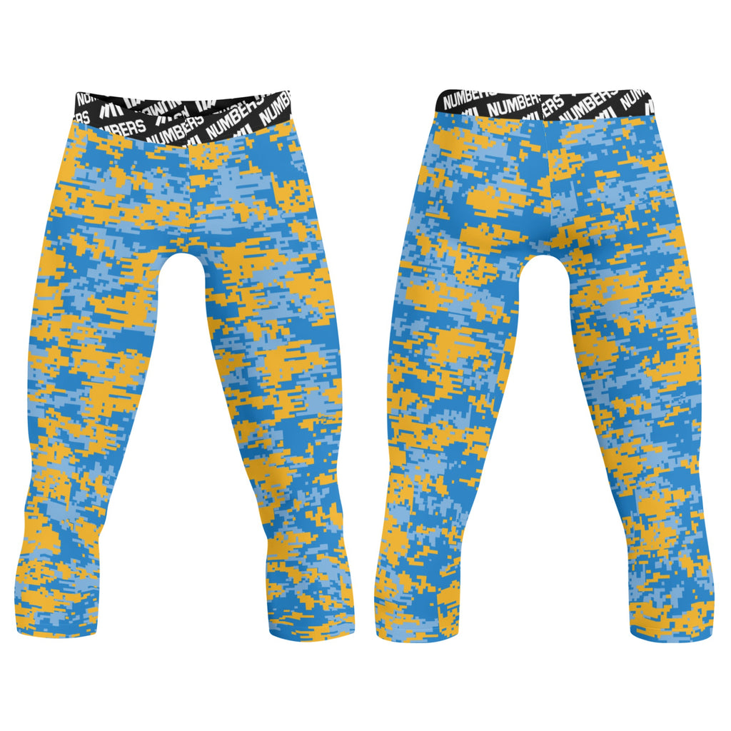 Athletic sports compression tights for youth and adult football, basketball, running, etc printed with powder blue, yellow LA Chargers colors