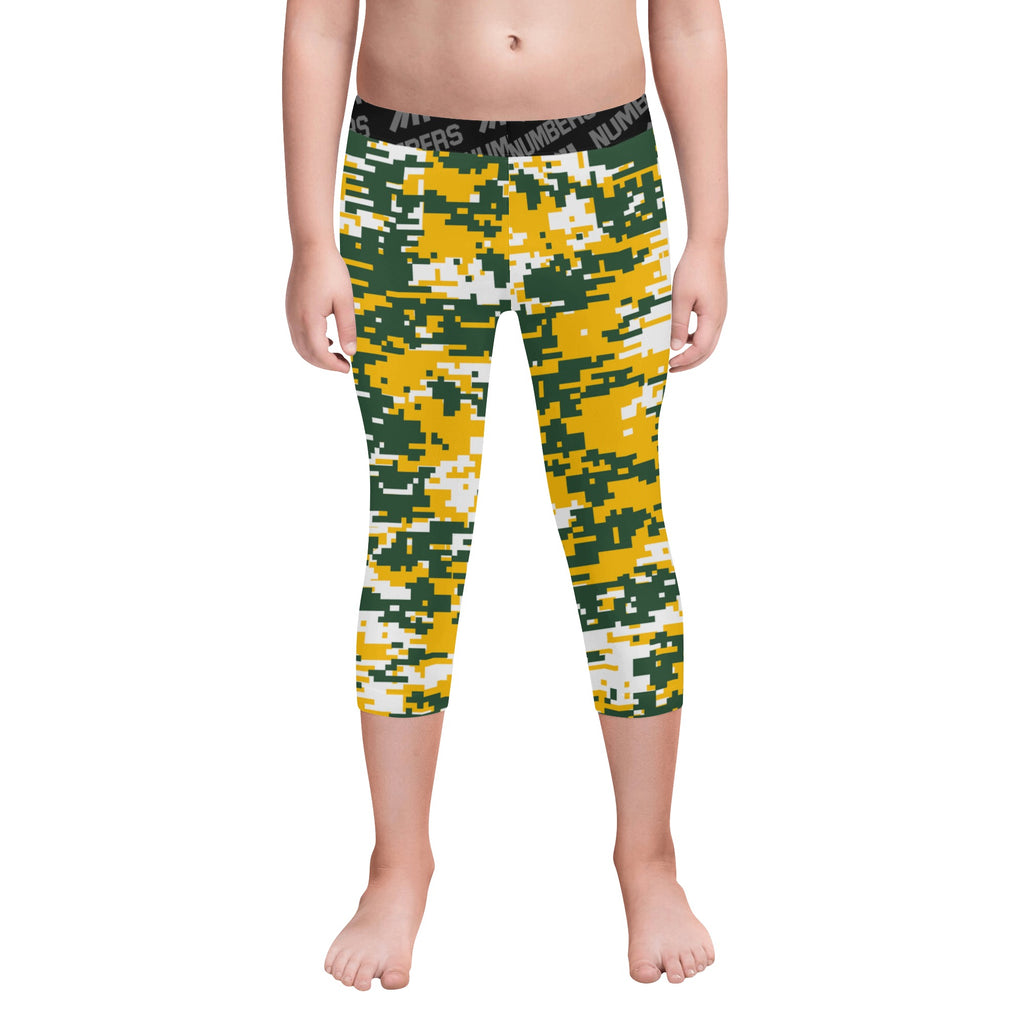 Athletic sports unisex kids youth compression tights for girls and boys flag football, tackle football, basketball, track, running, training, gym workout etc printed with digicamo green, yellow, white Green Bay Packers colors