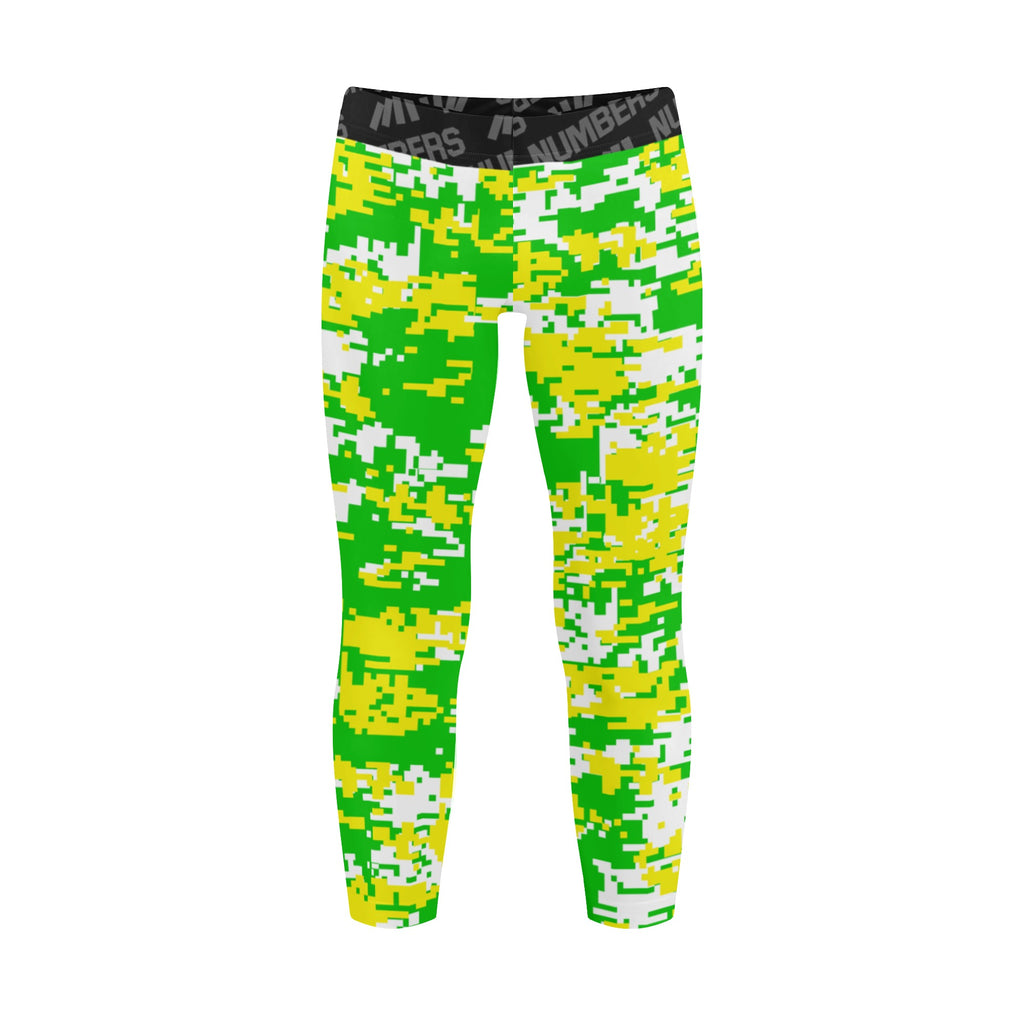 Athletic sports unisex kids youth compression tights for girls and boys flag football, tackle football, basketball, track, running, training, gym workout etc printed with digicamo in fluorescent green, yellow, white Oregon Ducks colors
