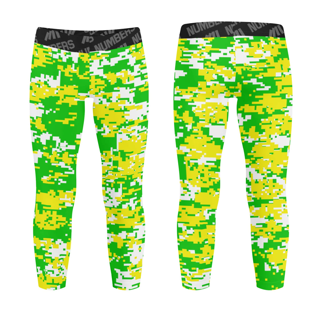 Athletic sports unisex kids youth compression tights for girls and boys flag football, tackle football, basketball, track, running, training, gym workout etc printed with digicamo in fluorescent green, yellow, white Oregon Ducks colors