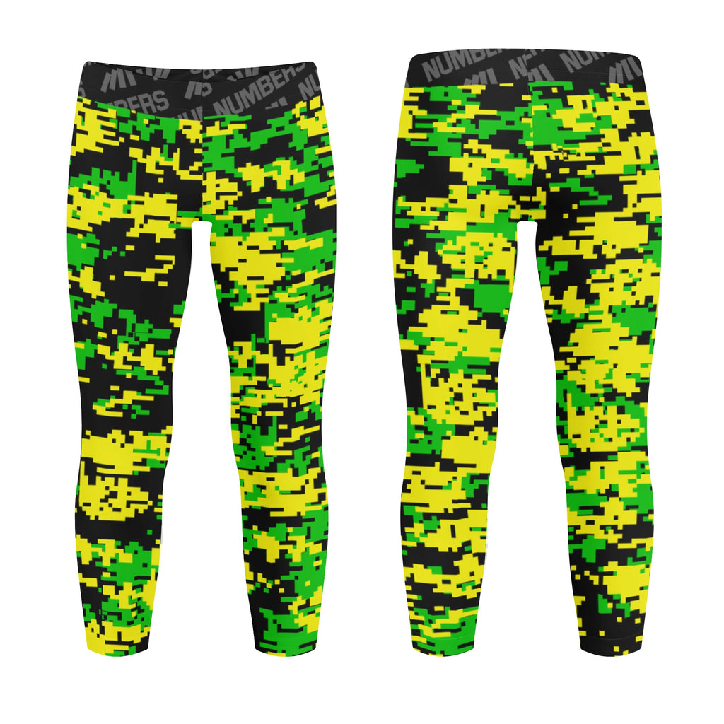 Athletic sports unisex kids youth compression tights for girls and boys flag football, tackle football, basketball, track, running, training, gym workout etc printed with digicamo fluorescent green, yellow, black Oregon Ducks colors