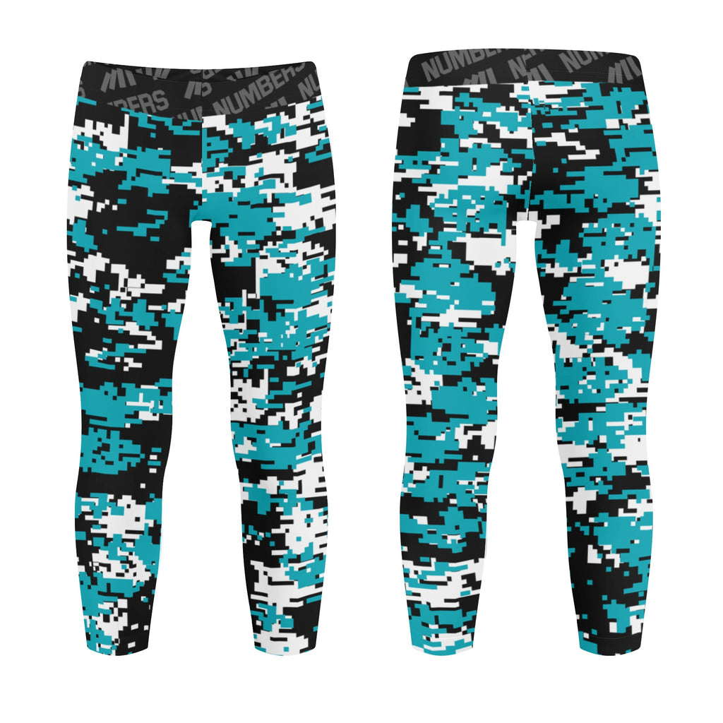 Athletic sports unisex kids youth compression tights for girls and boys flag football, tackle football, basketball, track, running, training, gym workout etc printed with digicamo turquoise, black, white Florida Marlins colors
