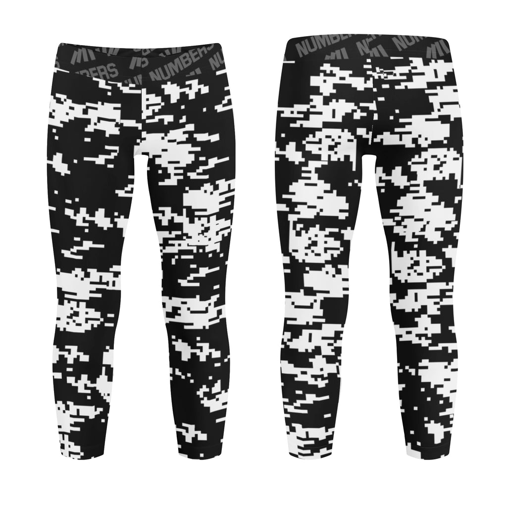 Athletic sports unisex kids youth compression tights for girls and boys flag football, tackle football, basketball, track, running, training, gym workout etc printed with digicamo black and white Brooklyn Nets colors