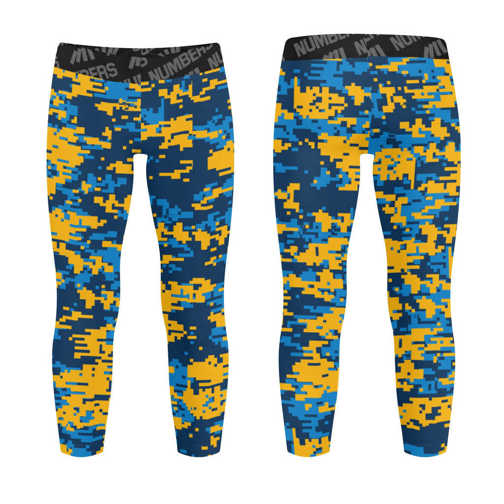 Athletic sports unisex kids youth compression tights for girls and boys flag football, tackle football, basketball, track, running, training, gym workout etc printed with digicamo navy blue, light blue, yellow Los Angeles Chargers colors