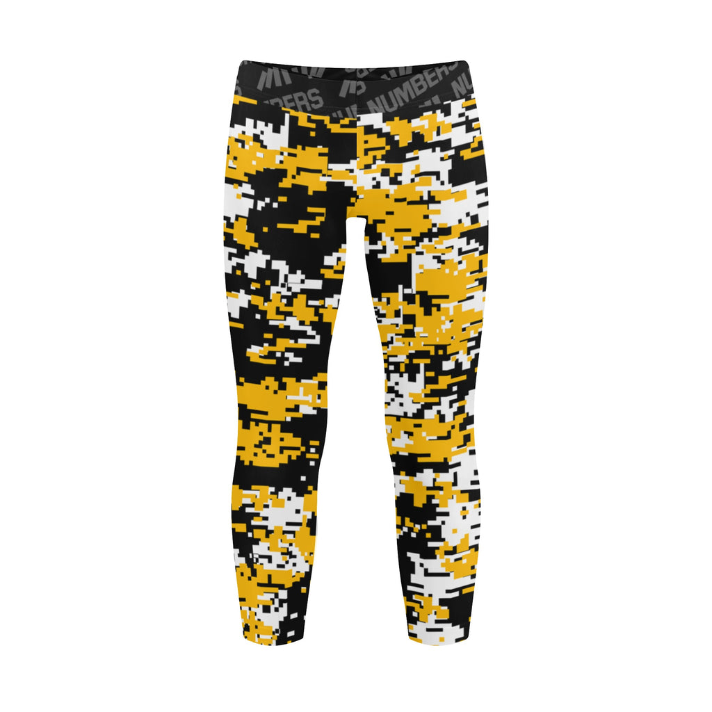 Athletic sports unisex kids youth compression tights for girls and boys flag football, tackle football, basketball, track, running, training, gym workout etc printed with digicamo black, yellow, white Pittsburgh Steelers colors