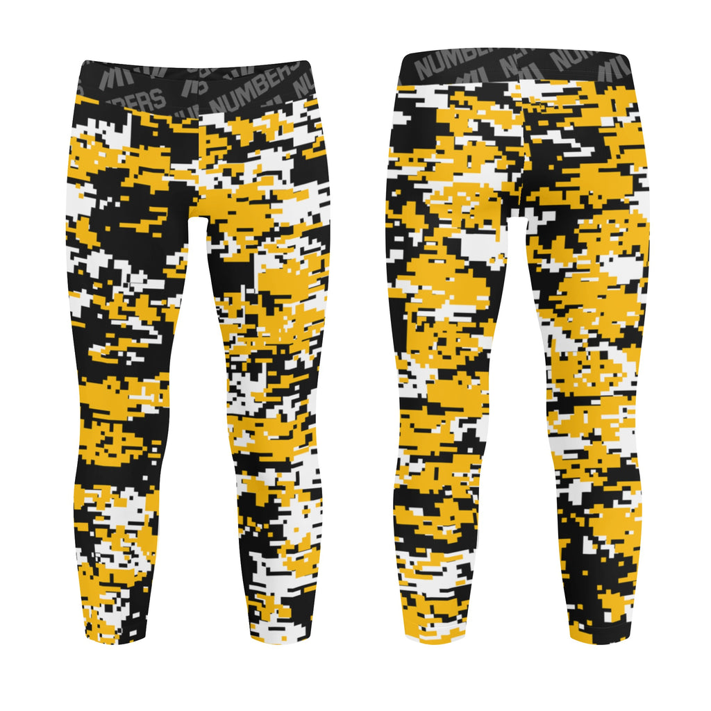 Athletic sports unisex kids youth compression tights for girls and boys flag football, tackle football, basketball, track, running, training, gym workout etc printed with digicamo black, yellow, white Pittsburgh Pirates colors