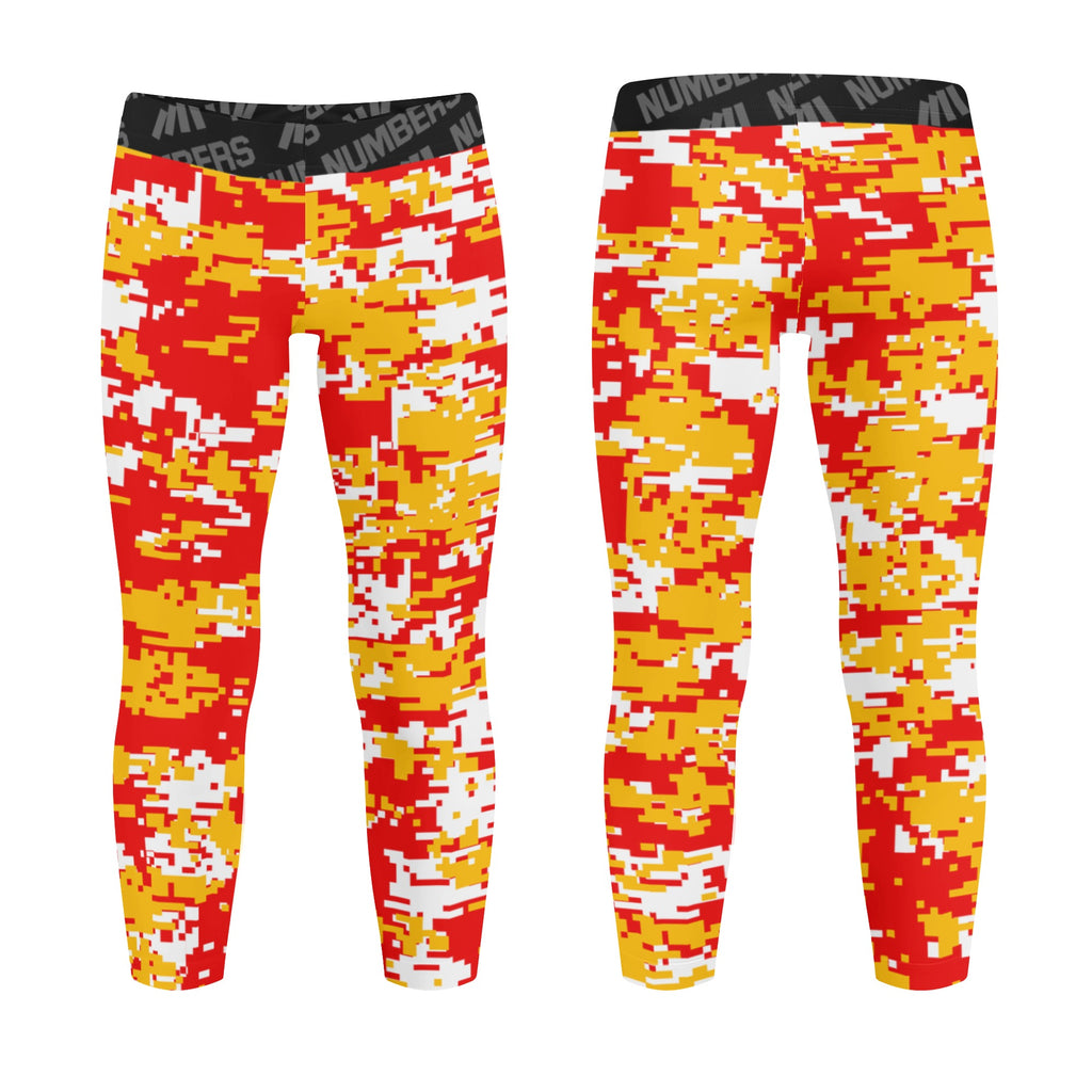 Athletic sports unisex kids youth compression tights for girls and boys flag football, tackle football, basketball, track, running, training, gym workout etc printed with digicamo red, yellow, white Kansas City Chiefs colors
