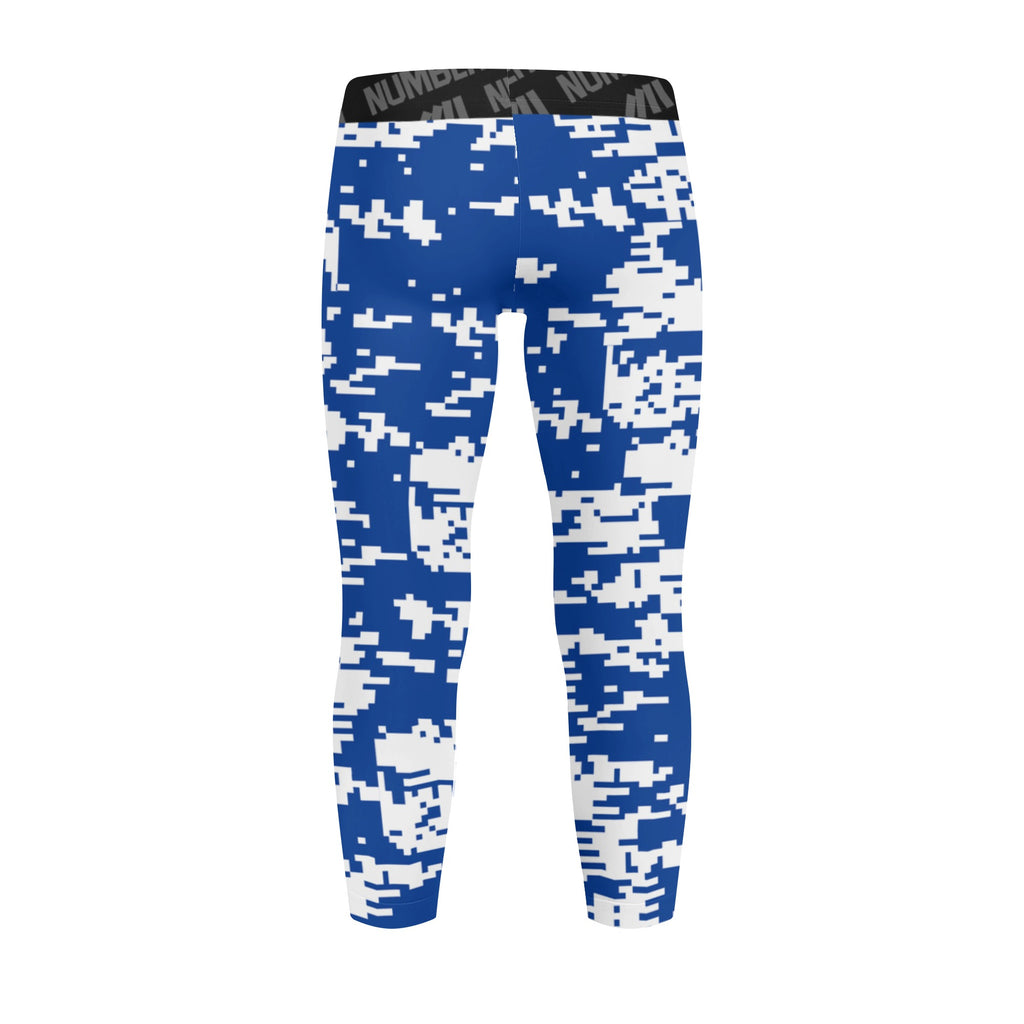 Athletic sports unisex kids youth compression tights for girls and boys flag football, tackle football, basketball, track, running, training, gym workout etc printed with digicamo blue and white Indianapolis Colts colors