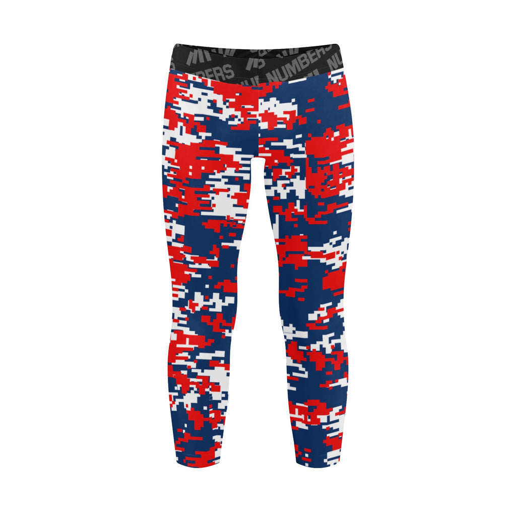 Athletic sports unisex kids youth compression tights for girls and boys flag football, tackle football, basketball, track, running, training, gym workout etc printed with digicamo navy blue, red, white Boston Red Sox colors