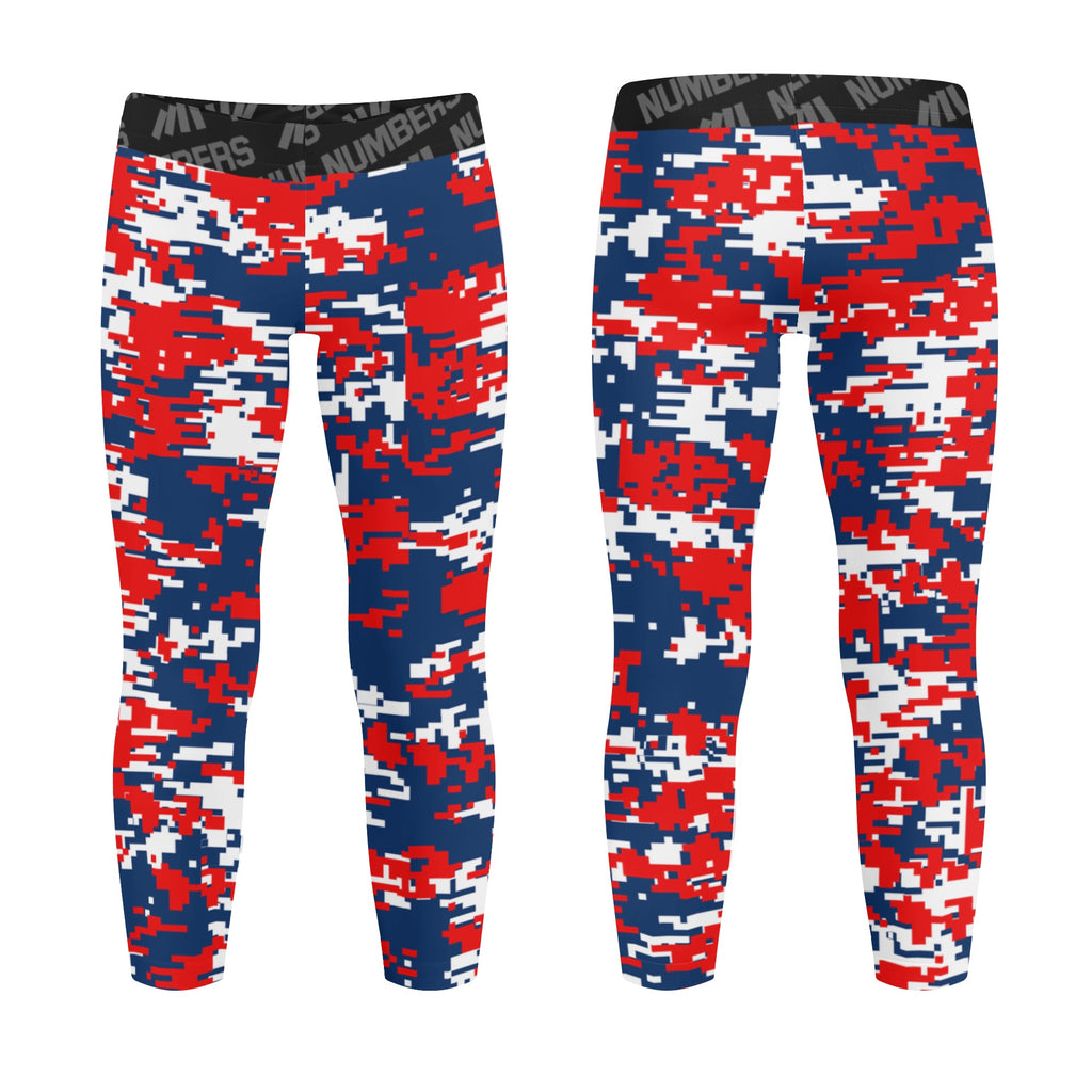 Athletic sports unisex kids youth compression tights for girls and boys flag football, tackle football, basketball, track, running, training, gym workout etc printed with digicamo navy blue, red, white Washington Wizards colors