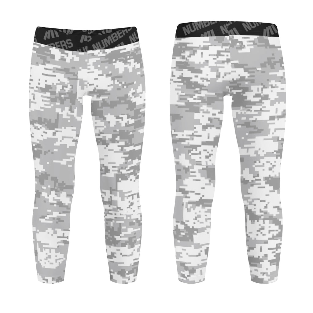 Athletic sports unisex kids youth compression tights for girls and boys flag football, tackle football, basketball, track, running, training, gym workout etc printed with digicamo gray and white colors