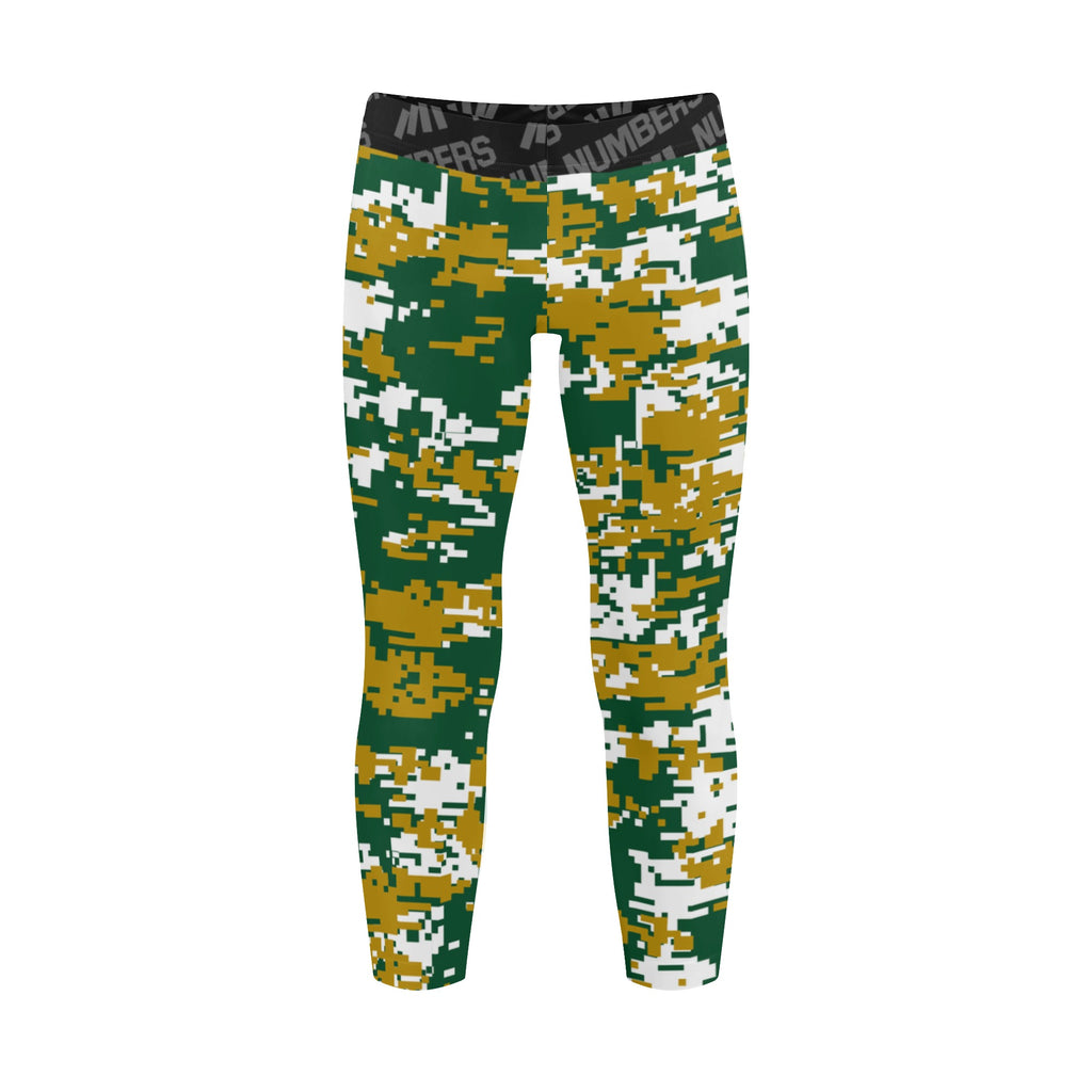 Athletic sports unisex kids youth compression tights for girls and boys flag football, tackle football, basketball, track, running, training, gym workout etc printed with digicamo green, gold, white Colorado State Rams colors