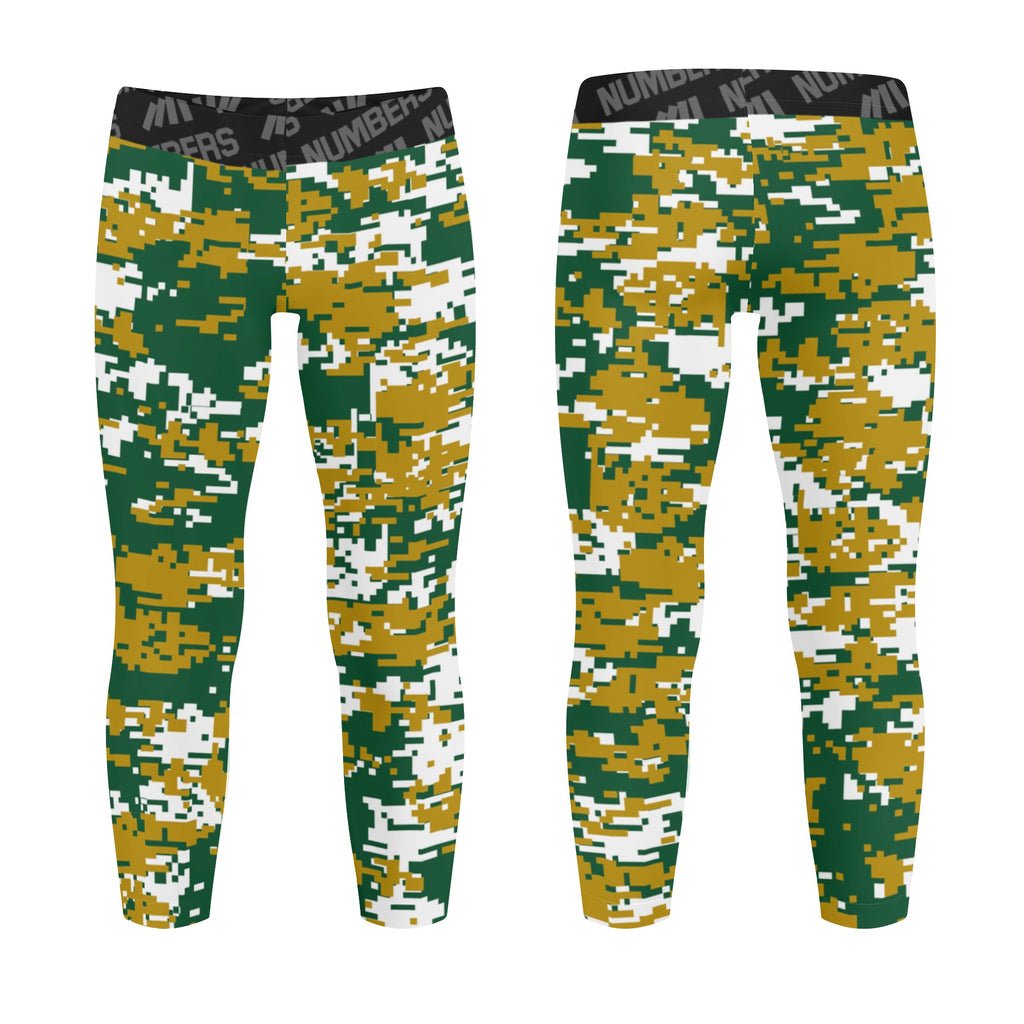 Athletic sports unisex kids youth compression tights for girls and boys flag football, tackle football, basketball, track, running, training, gym workout etc printed with digicamo green, gold, white Colorado State Rams colors