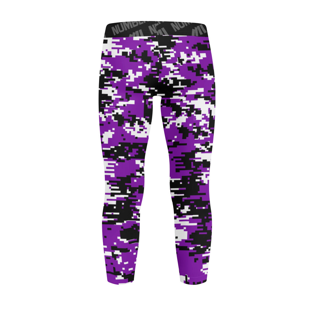 Athletic sports unisex kids youth compression tights for girls and boys flag football, tackle football, basketball, track, running, training, gym workout etc printed with digicamo purple, black, white Colorado Rockies colors