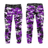Athletic sports unisex kids youth compression tights for girls and boys flag football, tackle football, basketball, track, running, training, gym workout etc printed with digicamo purple, black, white Colorado Rockies colors