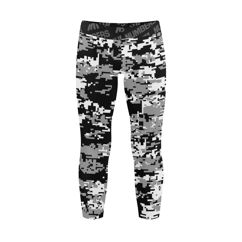 Athletic sports unisex kids youth compression tights for girls and boys flag football, tackle football, basketball, track, running, training, gym workout etc printed with digicamo black, white, gray Las Vegas Raiders colors