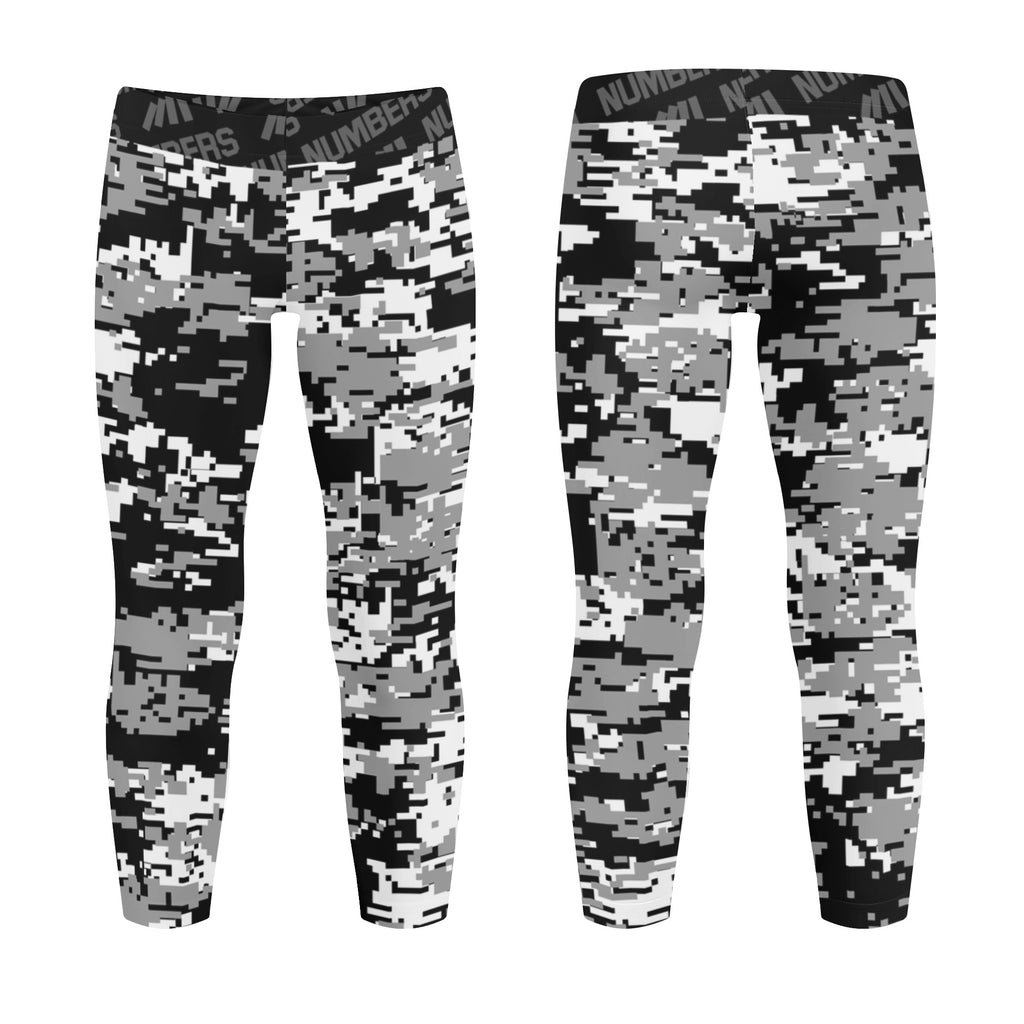 Athletic sports unisex kids youth compression tights for girls and boys flag football, tackle football, basketball, track, running, training, gym workout etc printed with digicamo black, white, gray San Antonio Spurs colors