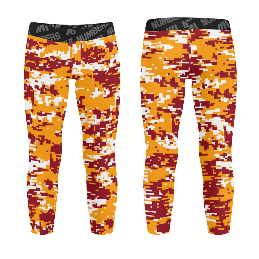 Athletic sports unisex kids youth compression tights for girls and boys flag football, tackle football, basketball, track, running, training, gym workout etc printed with digicamo maroon, yellow, white USC Trojans colors