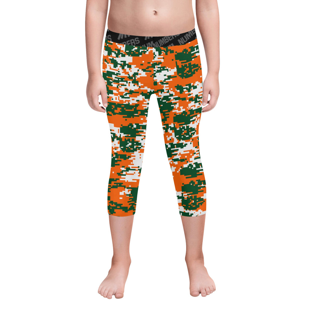 Athletic sports unisex kids youth compression tights for girls and boys flag football, tackle football, basketball, track, running, training, gym workout etc printed with digicamo orange, green, white Miami Hurricanes colors