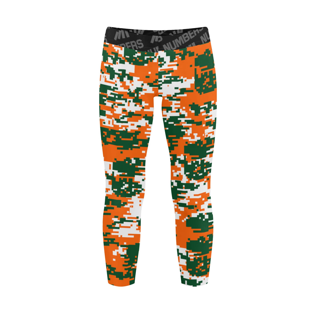 Athletic sports unisex kids youth compression tights for girls and boys flag football, tackle football, basketball, track, running, training, gym workout etc printed with digicamo orange, green, white Miami Hurricanes colors