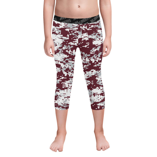 Athletic sports unisex kids youth compression tights for girls and boys flag football, tackle football, basketball, track, running, training, gym workout etc printed with digicamo maroon, gray, white Mississippi State Bulldogs colors