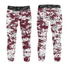 Athletic sports unisex kids youth compression tights for girls and boys flag football, tackle football, basketball, track, running, training, gym workout etc printed with digicamo maroon, gray, white Mississippi State Bulldogs colors