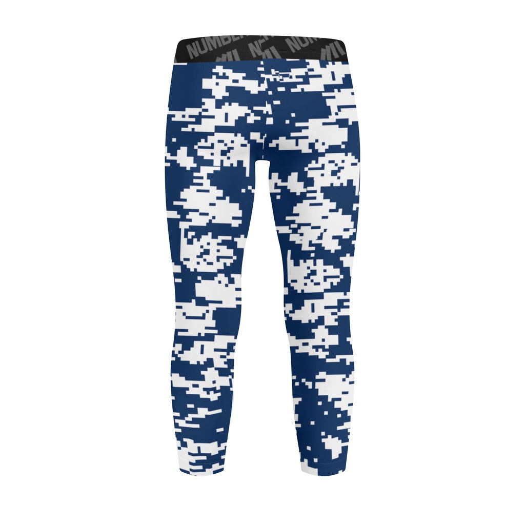 Athletic sports unisex kids youth compression tights for girls and boys flag football, tackle football, basketball, track, running, training, gym workout etc printed with digicamo navy blue, white New York Yankees colors