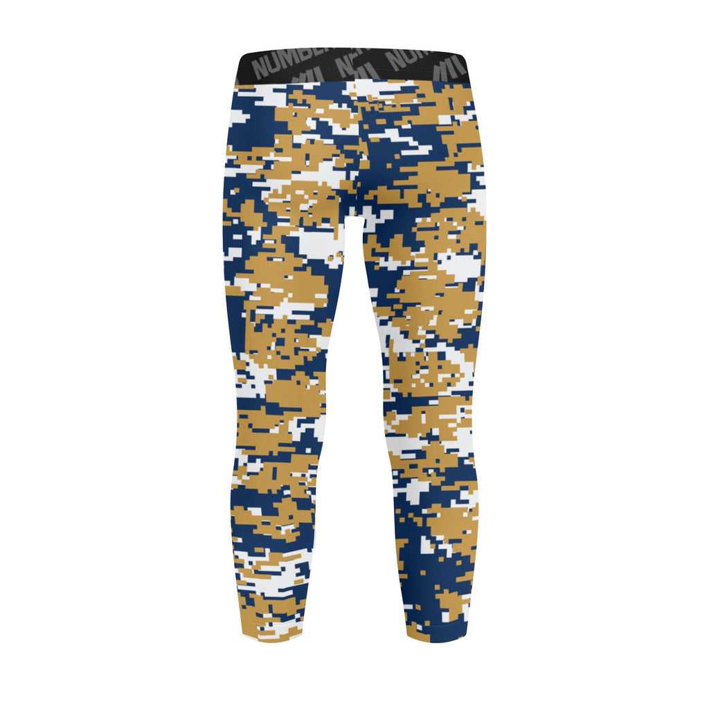 Athletic sports unisex kids youth compression tights for girls and boys flag football, tackle football, basketball, track, running, training, gym workout etc printed with digicamo navy blue, gold, white Milwaukee Brewers colors