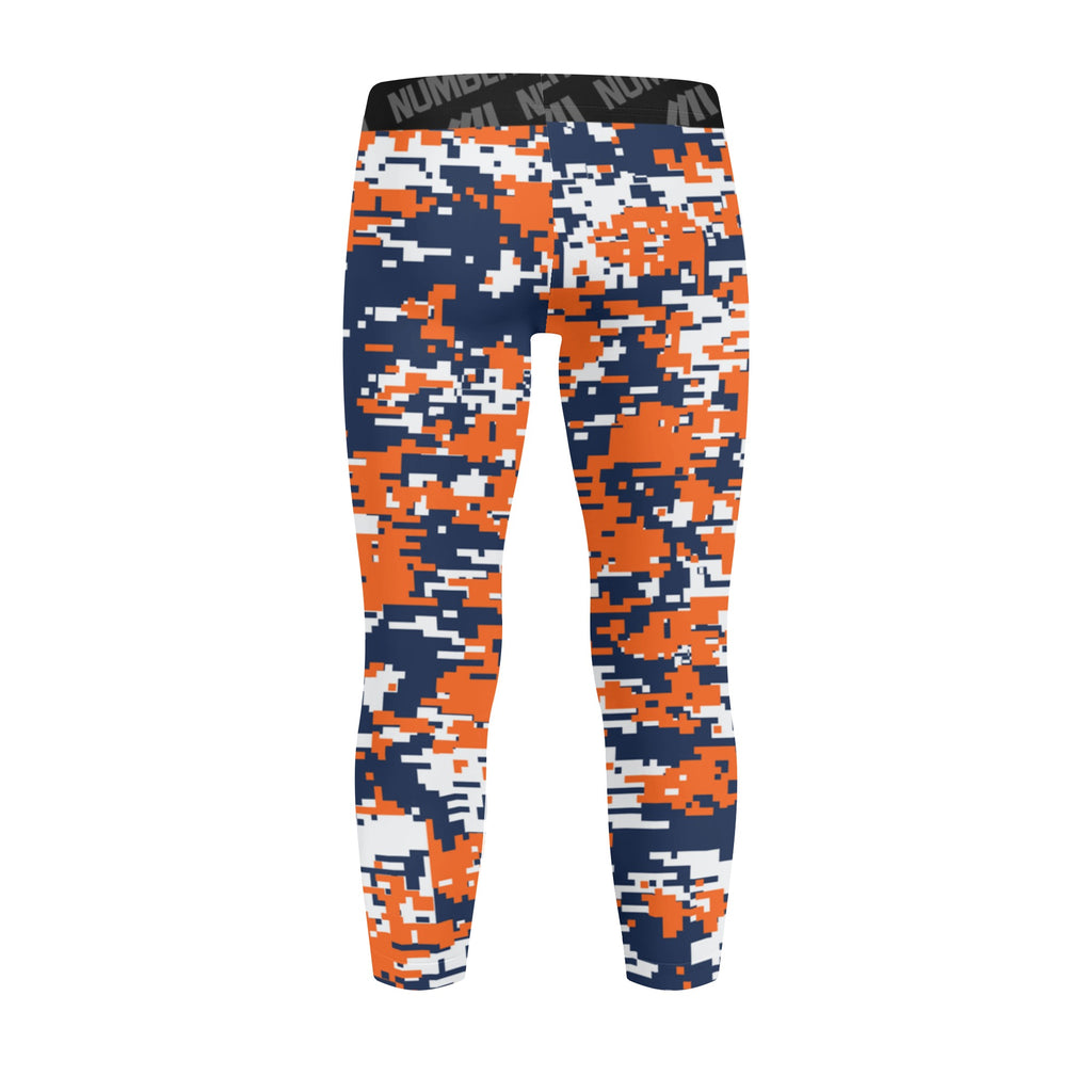 Athletic sports unisex kids youth compression tights for girls and boys flag football, tackle football, basketball, track, running, training, gym workout etc printed with digicamo navy blue, orange, white Detroit Tigers colors