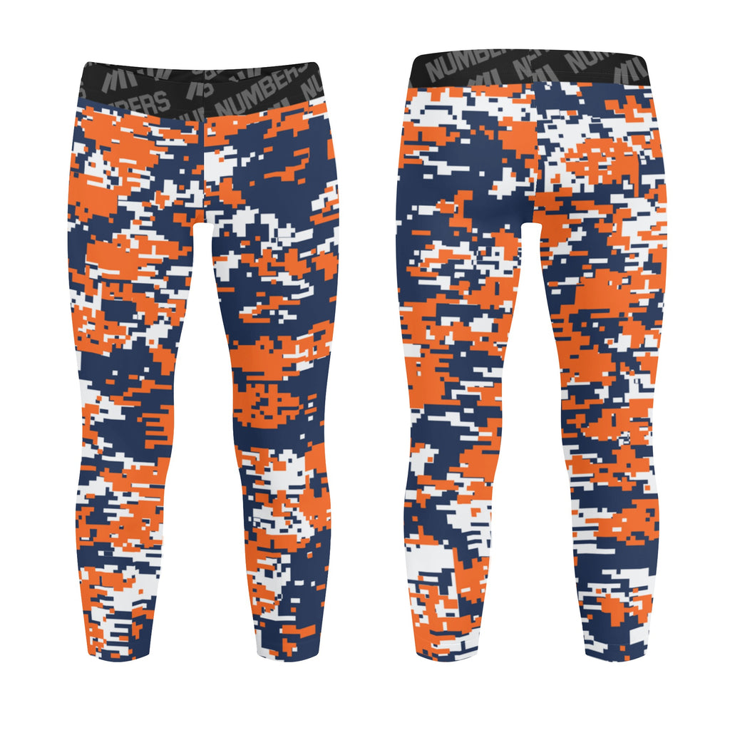 Athletic sports unisex kids youth compression tights for girls and boys flag football, tackle football, basketball, track, running, training, gym workout etc printed with digicamo navy blue, orange, white Denver Broncos colors