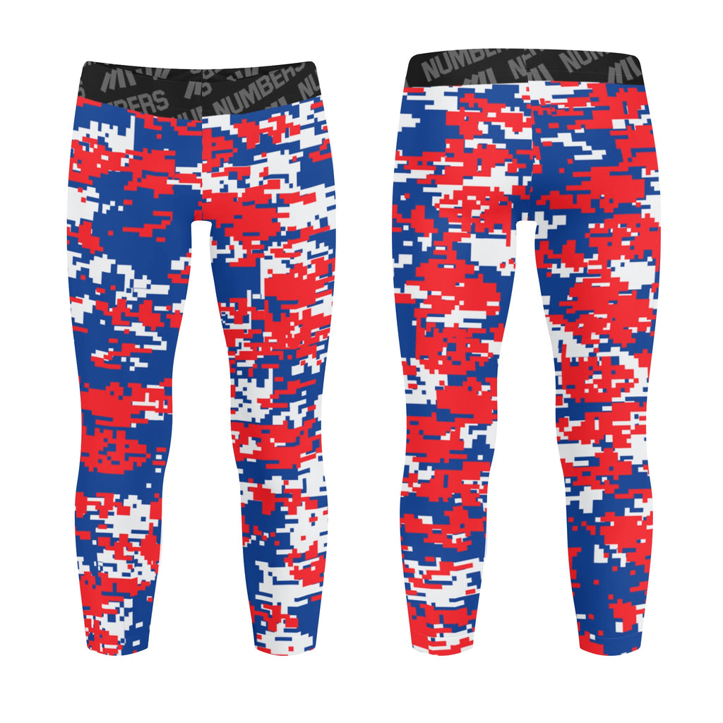 Athletic sports unisex kids youth compression tights for girls and boys flag football, tackle football, basketball, track, running, training, gym workout etc printed with digicamo red, white, blue Detroit Pistons colors