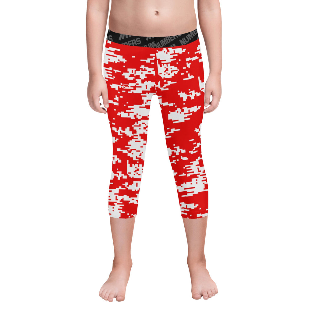 Athletic sports unisex kids youth compression tights for girls and boys flag football, tackle football, basketball, track, running, training, gym workout etc printed with digicamo red and white Houston Cougars colors