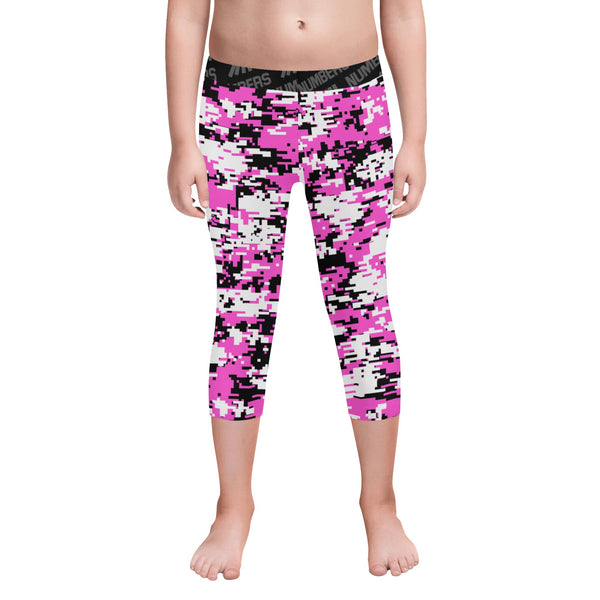 Athletic sports unisex kids youth compression tights for girls and boys flag football, tackle football, basketball, track, running, training, gym workout etc printed with digicamo pink, white, and black colors